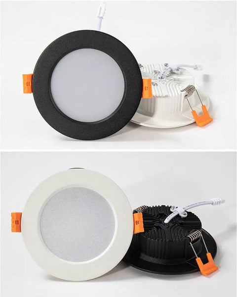 Narrow Frame LED Recessed Downlight in black and white finishes, showcasing die-cast aluminum bodies and PMMA shades.