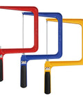 Three Heavy Duty Frame Coping Saws in red, blue, and yellow with interchangeable blades for cutting wood, metal, and plastic.