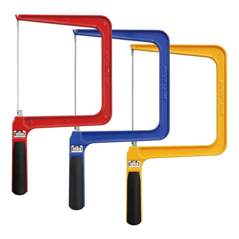 Three Heavy Duty Frame Coping Saws in red, blue, and yellow with interchangeable blades for cutting wood, metal, and plastic.