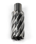 Front view of annular cutter with Weldon shank, 1-3/16 in diameter, 2 in depth of cut, steel finish