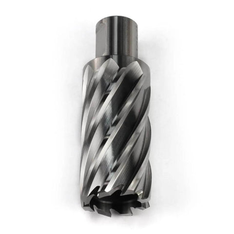 Front view of annular cutter with Weldon shank, 1-3/16 in diameter, 2 in depth of cut, steel finish