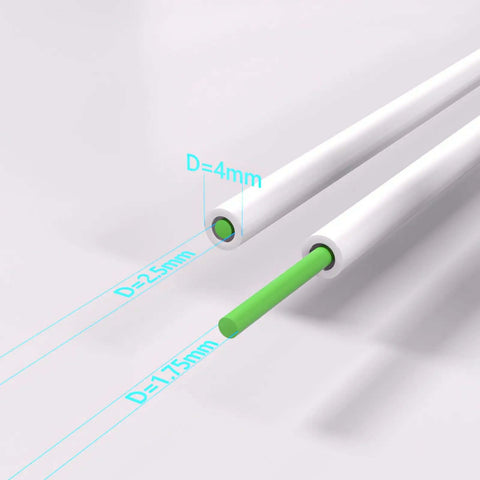 PTFE tube from All In One 3D Printer Tool Kit For A1 And A1 Mini Pro Grade Maintenance Set, showing dimensions and green filament insert