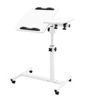 Adjustable Height Rolling Standing Desk With Locked Down Casters And Swivel Surface Lightweight Mobile Laptop Table For Home Office Over Bed No Sweat Assembly Slick White Finish shown from the side.