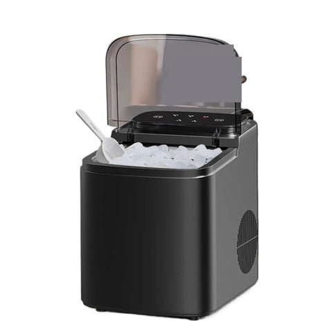 Premium Compact Countertop Electric Ice Maker With Effortless Manual And Automatic Settings For Quick Household Ice Production RV Camper Ready, showing ice chamber and scoop.