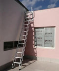 Electric Attic Stairs With Remote Control Wall Mounted Retractable Step Ladder Built Like A Tank, white metal design, leading to roof.