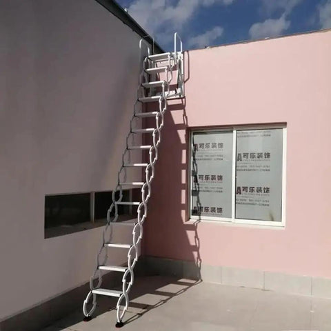 Electric Attic Stairs With Remote Control Wall Mounted Retractable Step Ladder Built Like A Tank, white metal design, leading to roof.