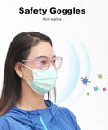 Badass Anti Fog Safety Glasses With Side Shields For Women And Girls Block Blue Light Dust And Pollen worn by a woman with a mask.