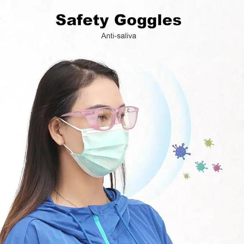 Badass Anti Fog Safety Glasses With Side Shields For Women And Girls Block Blue Light Dust And Pollen worn by a woman with a mask.