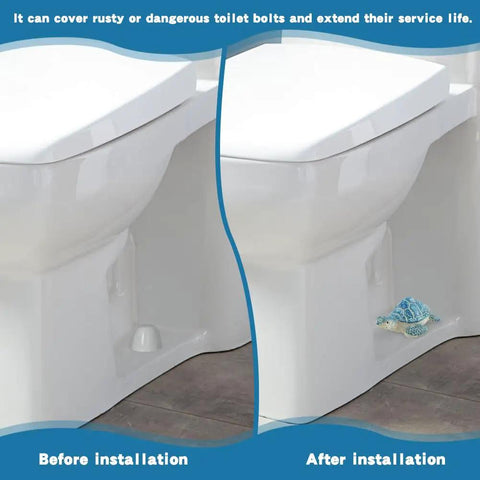 Before and after showing Snazzy Sea Turtle Toilet Bolt Covers Two Pack Ceramic Screw Caps for bathroom bowl hardware.