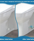 Before and after image of Totally Adorable Turtle Toilet Bolt Covers showing ceramic screw caps on toilet bolts.