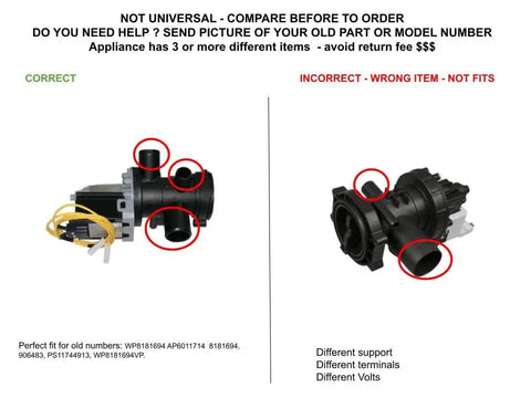 Top Shelf GE Washer Drain Pump Assembly Repair Kit Wh23X10011 Ckd10011X detailed front view showing correct and incorrect fit.