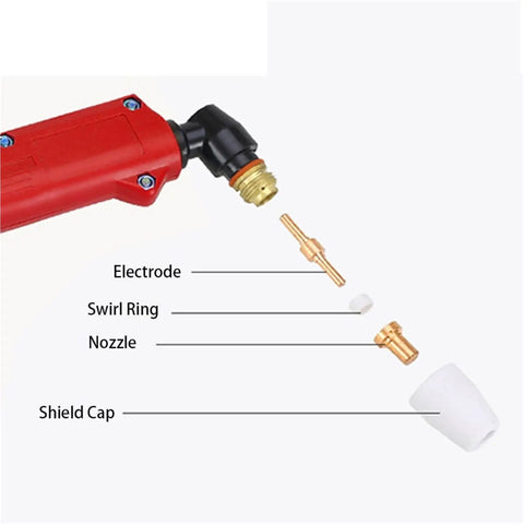 Grab Your 60-Piece Plasma Cutter Consumable Kit With PT31 Ceramic Nozzles For LG40 Torch showing electrode, shield cap, and swirl ring.