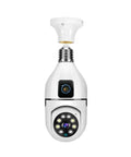 Top Shelf Dual Lens Bulb Wifi Security Camera With Zero Hassle Setup For Indoor Spaces Featuring Ai Human Tracking 360 Degree Pan 180 Degree Tilt Night Vision Plus Two Way Audio installed in a white bulb design.