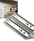 Two Pack Five Inch Soft Close Drawer Slides Featuring Heavy Duty Steel Rails With Slick Ball Bearing Glide For Easy Side Mount Cabinet Install showing installed position and loose slides.