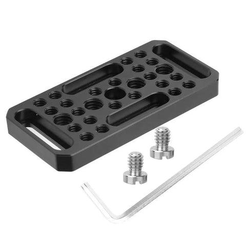 Universal Premium Aluminum Video Cheese Expansion Plate For DSLR Cameras Featuring Dual 1/4 And 3/8 Inch Screw Threads, includes screws.