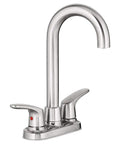 Colony Pro Two-Handle Bar Faucet in Stainless Steel with gooseneck brass spout and drip-free ceramic disc valves, 3-hole mount.