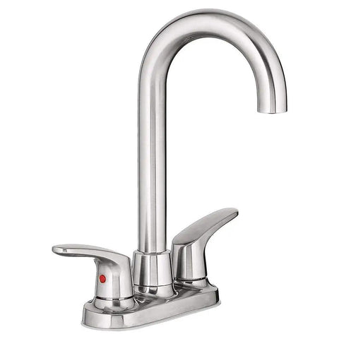 Colony Pro Two-Handle Bar Faucet in Stainless Steel with gooseneck brass spout and drip-free ceramic disc valves, 3-hole mount.