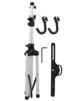 Heavy Duty Aluminum Bicycle Repair Stand With Adjustable Height And Non Slip Rubber Feet For Rock Solid Maintenance Stability and Zero Hassle Display Support In Your Garage, showing parts and tools.