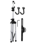 Straight Up Heavy Duty Aluminum Bike Repair Stand Featuring Rock Solid Three Point Design With Fully Adjustable Height And Extra Grippy Non Slip Feet For Zero Hassle Maintenance Or Outdoor Parking, shown in disassembled form with adjustable height components and hooks.