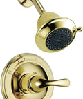 Classic Monitor 13 Series Shower Trim With Single Lever Handle, brass detailing, polished brass finish, mounted showerhead view