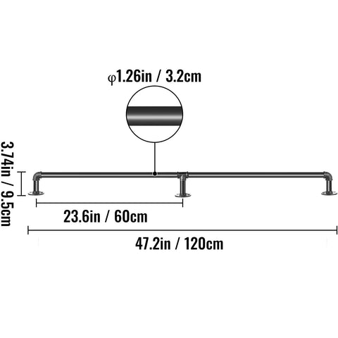 Rock Solid Six Foot Carbon Steel Staircase Handrail With Heavy Duty Wall Mounts Job Site Grade Industrial Pipe Railing showing dimensions.