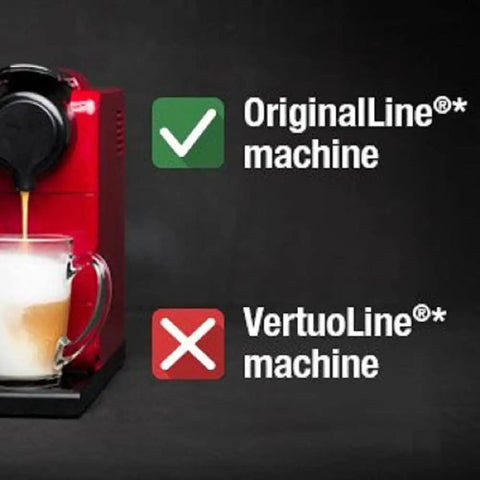 Red coffee machine with glass cup highlighting compatibility for OriginalLine, not for VertuoLine. Nespresso Original Machines Cleaning Pods Set With 10 Cleaning Capsules For Quick Between Batches Refresh, Keeps Espresso Taste Clean, Pure, And Rich, No Mess Cleaning Kit For Better Tasting Coffee.