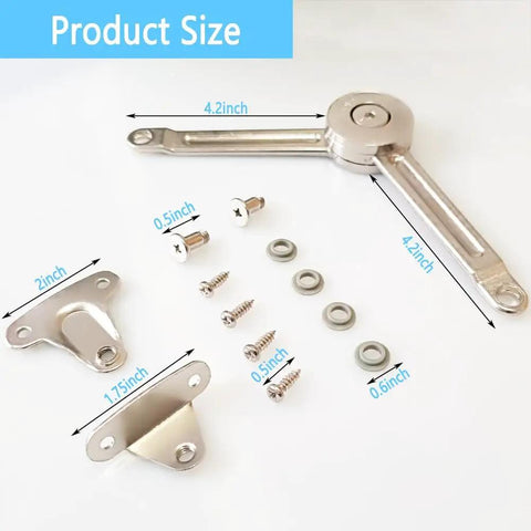 2 Pack Soft Close Toy Box Hinges with Heavy Duty Lid Support and Adjustable Tension components with measurements in inches