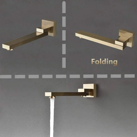 UMJIGF Shower System,Ceiling Mount Brushed Gold Bathroom Brass Ceiling 10-12 Inch Rainfall Shower Faucet System Mixer Set with Tub Taps,A,10 Inch,A-12 Inch folding bathroom faucet with brushed gold finish displaying water flow.