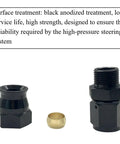 Front view of two black aluminum 6AN female flare to 3/8 in tube OD compression fuel line adapters with brass sleeve