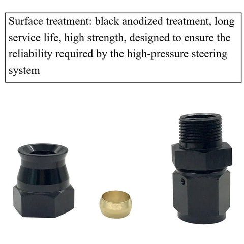 Front view of two black aluminum 6AN female flare to 3/8 in tube OD compression fuel line adapters with brass sleeve