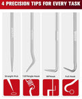 Front view: 4-piece stainless steel hook-and-pick set with straight, 135-degree angle, 90-degree, and full hooks