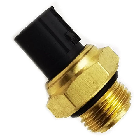 Coolant water temperature sensor, side view; brass threaded body with black plastic connector