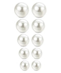 Five Pair Imitation Pearl Stud Earrings Set In 3Mm, 4Mm, 5Mm, 6Mm, And 7Mm Diameters, Hypoallergenic Surgical Stainless Steel, Nickel Free And Lead Free, Go-To Starter Earrings For Sensitive Ears, Everyday White Pearl Jewelry. Five pairs of white pearl studs on a white background.
