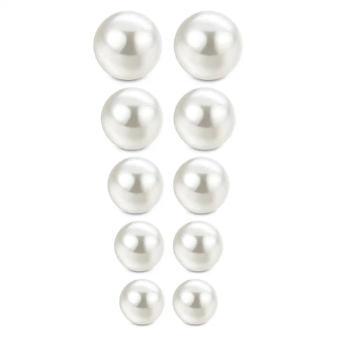 Five Pair Imitation Pearl Stud Earrings Set In 3Mm, 4Mm, 5Mm, 6Mm, And 7Mm Diameters, Hypoallergenic Surgical Stainless Steel, Nickel Free And Lead Free, Go-To Starter Earrings For Sensitive Ears, Everyday White Pearl Jewelry. Five pairs of white pearl studs on a white background.