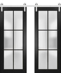 Sturdy Double Barn Door With Frosted Glass In Matte Black Finish Sliding Door Kit With 13ft Silver Rail And Heavy Duty Hangers