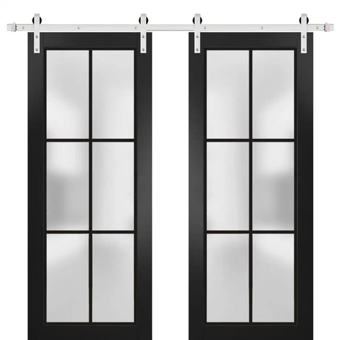 Sturdy Double Barn Door With Frosted Glass In Matte Black Finish Sliding Door Kit With 13ft Silver Rail And Heavy Duty Hangers