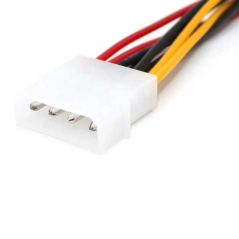 Close-up of 4-pin Molex male connector from Two Pack 4 Pin Power Supply Y Splitter Cable Kit Internal Extension Cable 2 Female To 1 Male Connectors 20 Cm Length Ideal For IDE Hard Drives And CD DVD Drives