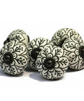 Handmade Spade Black And White Ceramic Cabinet Knobs Set Of 6 with floral pattern on white background, perfect for vintage vibe decor.