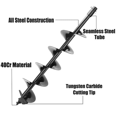 Seven Eighths Inch Shaft 31 Inch Length Auger Drill Bit for Gas Power Heads Beefed Up Heavy Duty Ground And Ice Digger With Tungsten Carbide Cutting Tip Six Inch Bore Black Finish, showing all steel construction and cutting tip detail.