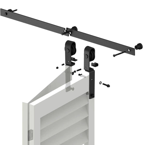 Heavy Duty 4ft Barn Door Track Kit For Two Doors With Aluminum Rail And Carbon Steel Rollers, installation view.
