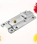 Stainless Steel Automatic Spring Door Latch, Low Profile Safety Lock on a light background with decorative flowers.