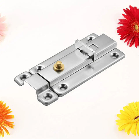 Stainless Steel Automatic Spring Door Latch, Low Profile Safety Lock on a light background with decorative flowers.