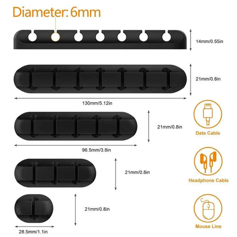 Self Adhesive Cable Clip Organizer Set For Desk, Car, Nightstand And Office Silicone Cord Holders With 7 5 3 1 1 Slots, Black