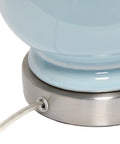 Base of Cool Stacked Stone Double Gourd Ceramic Lamp In Light Blue With White Fabric Shade and Chrome Accents Harp and Finial Style