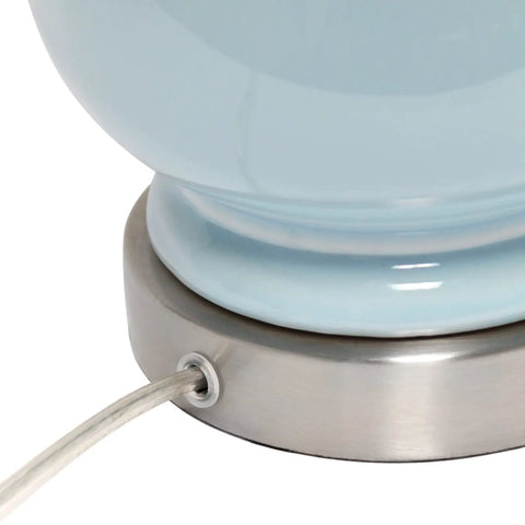Base of Cool Stacked Stone Double Gourd Ceramic Lamp In Light Blue With White Fabric Shade and Chrome Accents Harp and Finial Style