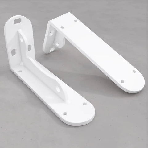 Super Tough White Iron Wall Mount Floating Shelf Brackets With Reinforced Triangle Brace To Haul Heavy Loads Without Breaking A Sweat Includes Complete Mounting Kit For Easy Setup That Actually Holds Up, showing two white brackets.