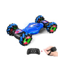 Front view of blue Mucdcnhk 360-degree rotating 4WD RC stunt car with gesture sensing, includes 2.4G controller and wrist strap