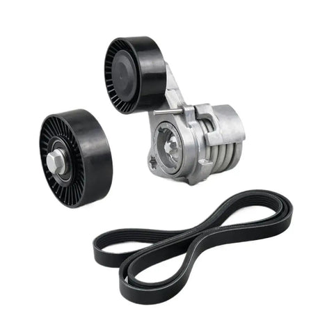 Drive Belt Pulley Tensioner Kit Compatible With N52 E60 E61 525i 530i 528i E81 E82 E87 E88 125i 128i 130i E90 E91 E92 E93 325i 328i Zips That Squeal Away And Keeps You Cruising Smooth Like a Dream For a Simple Home Install That Pays Off Big., black pulley and belt set with aluminum tensioner