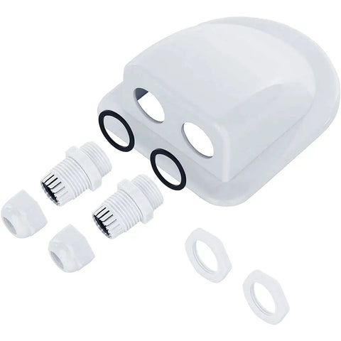 Solar Cable Entry Gland Waterproof Dual Cable Connector Cover For RV Caravan Boat Panels Built Tough ABS Plastic Housing Fits 2 To 6 Mm2 Cables All Weather Solar PV Outdoor Use showing gland with fittings