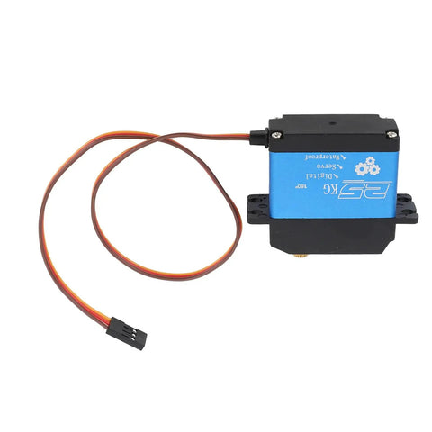 Rock Solid 25Kg Rc Servo Motor Loaded With Serious High Torsion Output And Durable Metal Gears For Heavy Duty Robotics And Fast Automation Builds Running Smooth On 4.8 To 7.2 Volt Systems, showing a blue servo motor with attached wires.